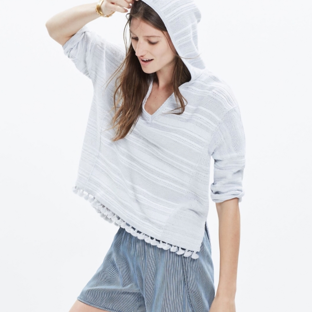 Madewell Fringe Hoodie-Womens-M/L-Gray/White‎ Stripes